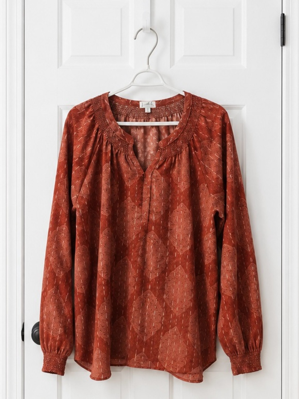 Wonderly Rust Red Printed Long-Sleeve Peasant Blouse